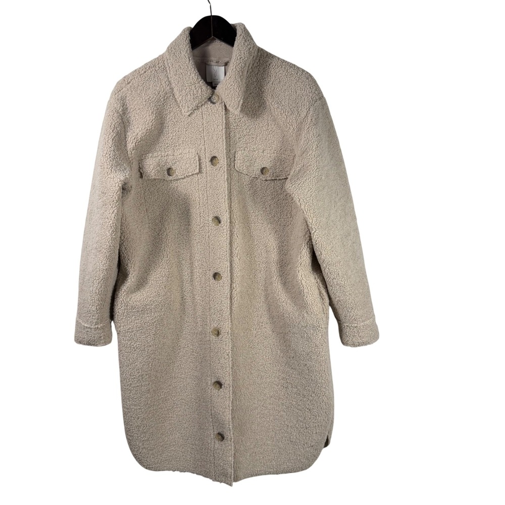 Joie Women Beige Faux Shearling Teddy Longline Shacket Coat Size Medium